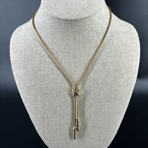 Vtg 1980s Artistry Gold Tone Stationary Slide Lariat Necklace 11” w/Tassels Bolo